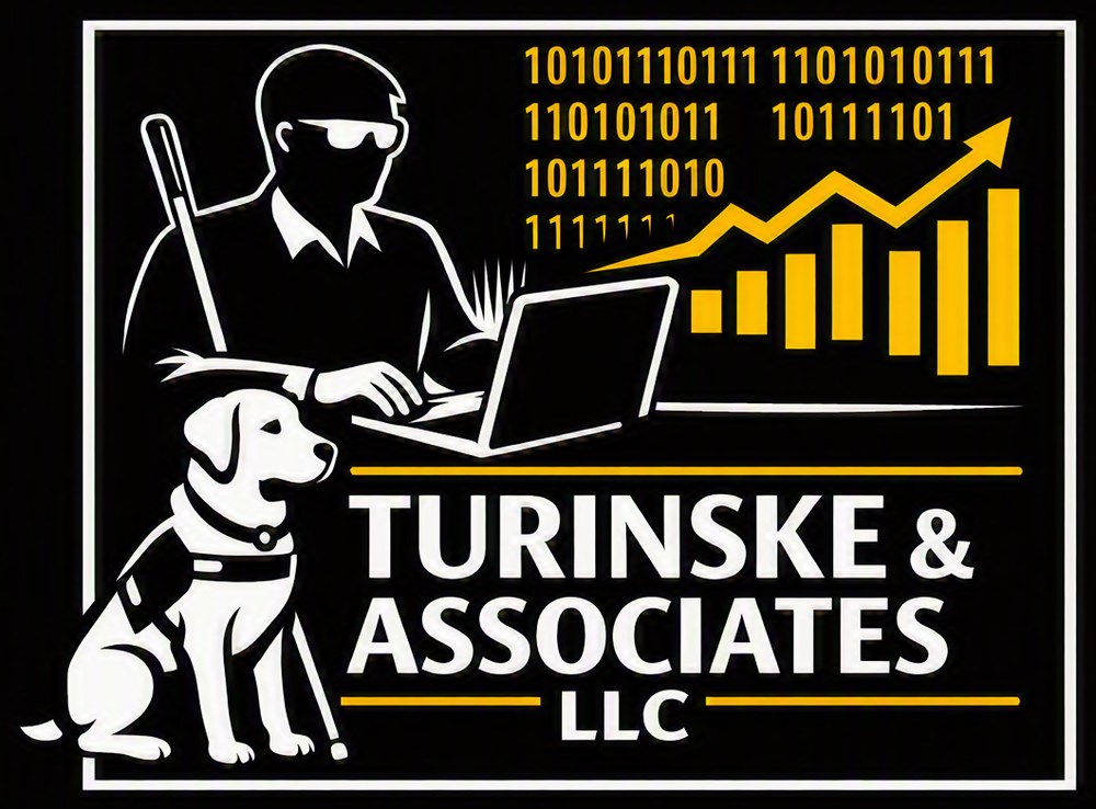 Turinske and Associates LLC logo: a man in dark glasses with a white cane works at a laptop, his guide dog seated beside him, next to rising yellow bar charts and binary code.